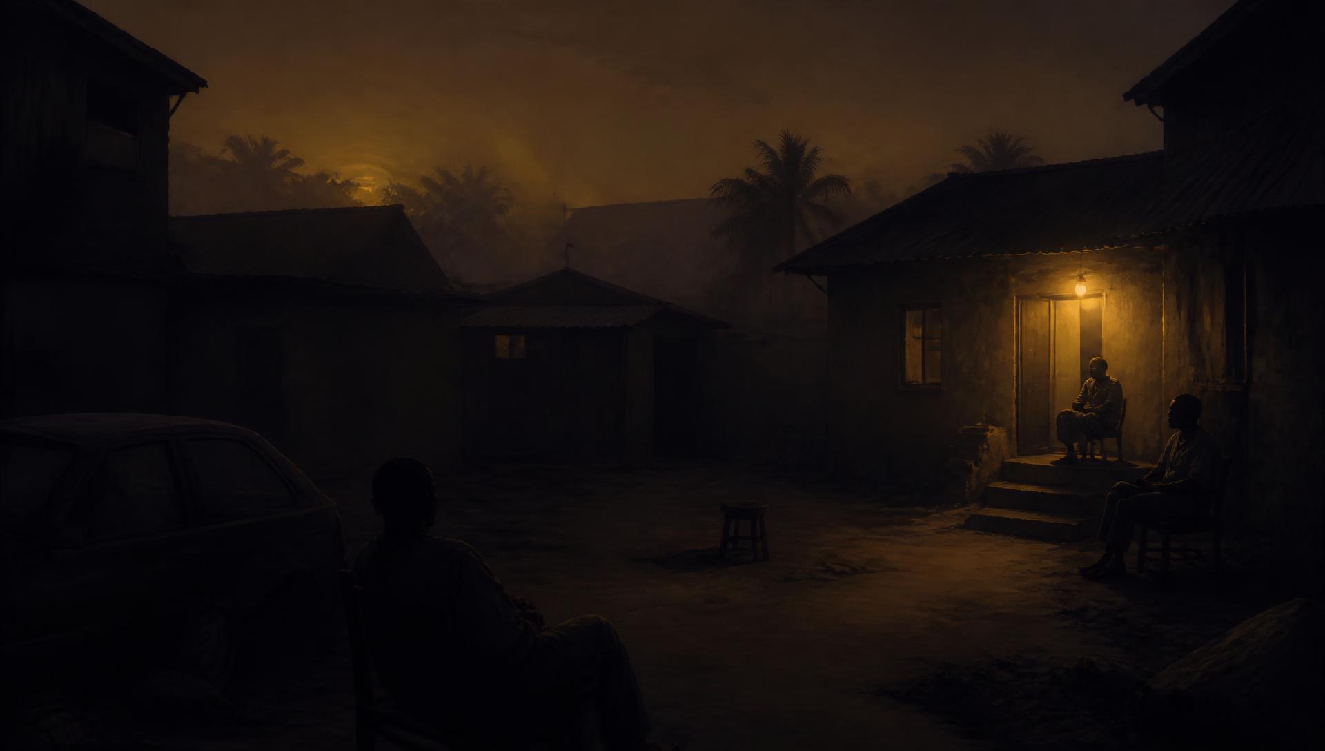 A Lagos compound at dusk during the harmattan, figures sitting in low amber light
